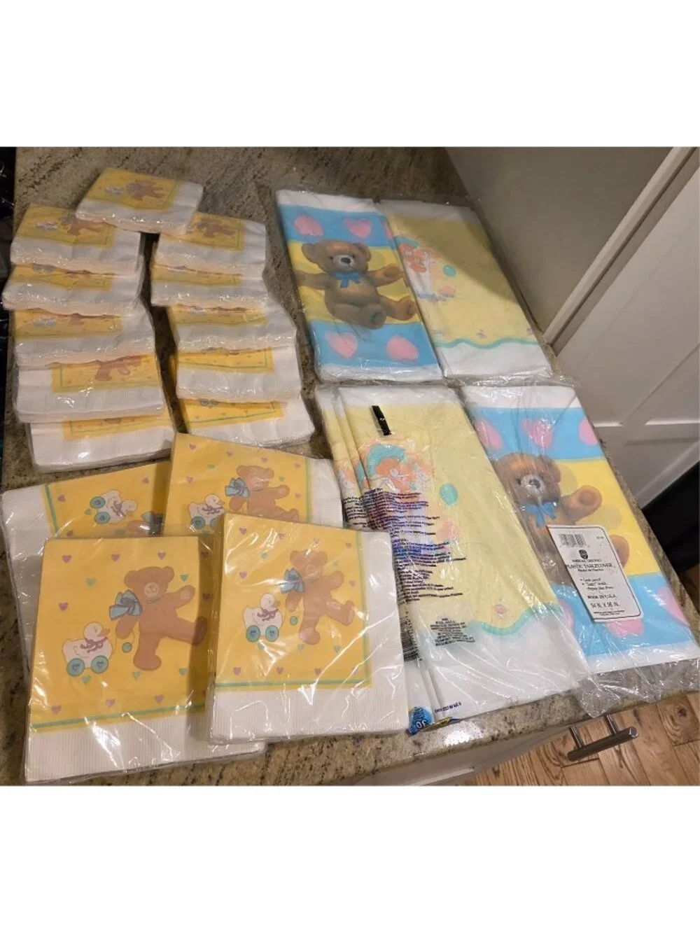 Vtg 80's 90's Lot of 4 Baby Shower Tablecloth Bear Heart Pony & 240 Napkins